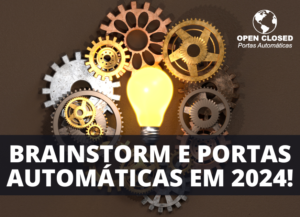 Brainstorm e Portas Automáticas: engrenagens e lâmpada destacando ideias criativas para soluções em portas automáticas.